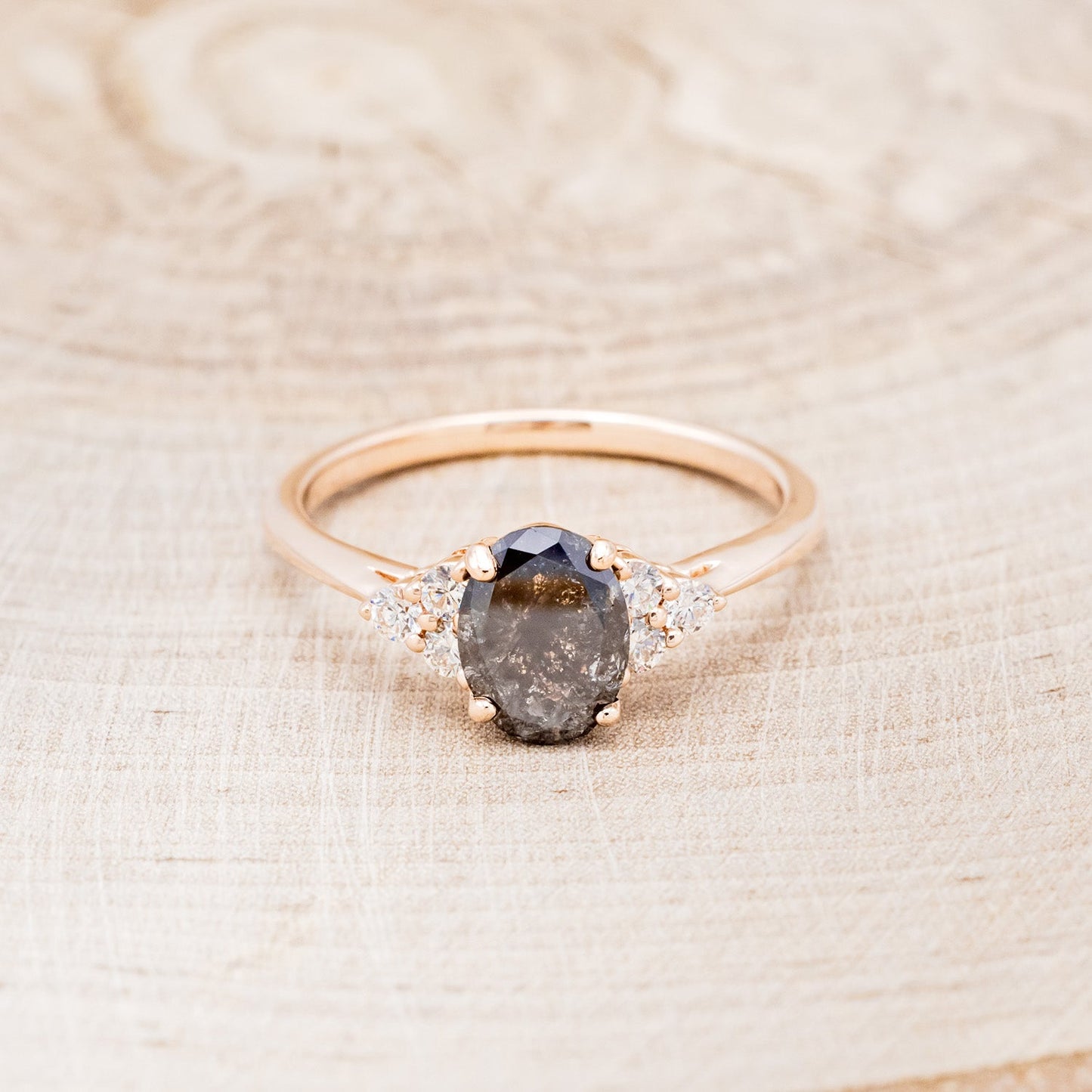 "Rhea" - Oval Cut Salt & Pepper Diamond Engagement Ring With Diamond Accents