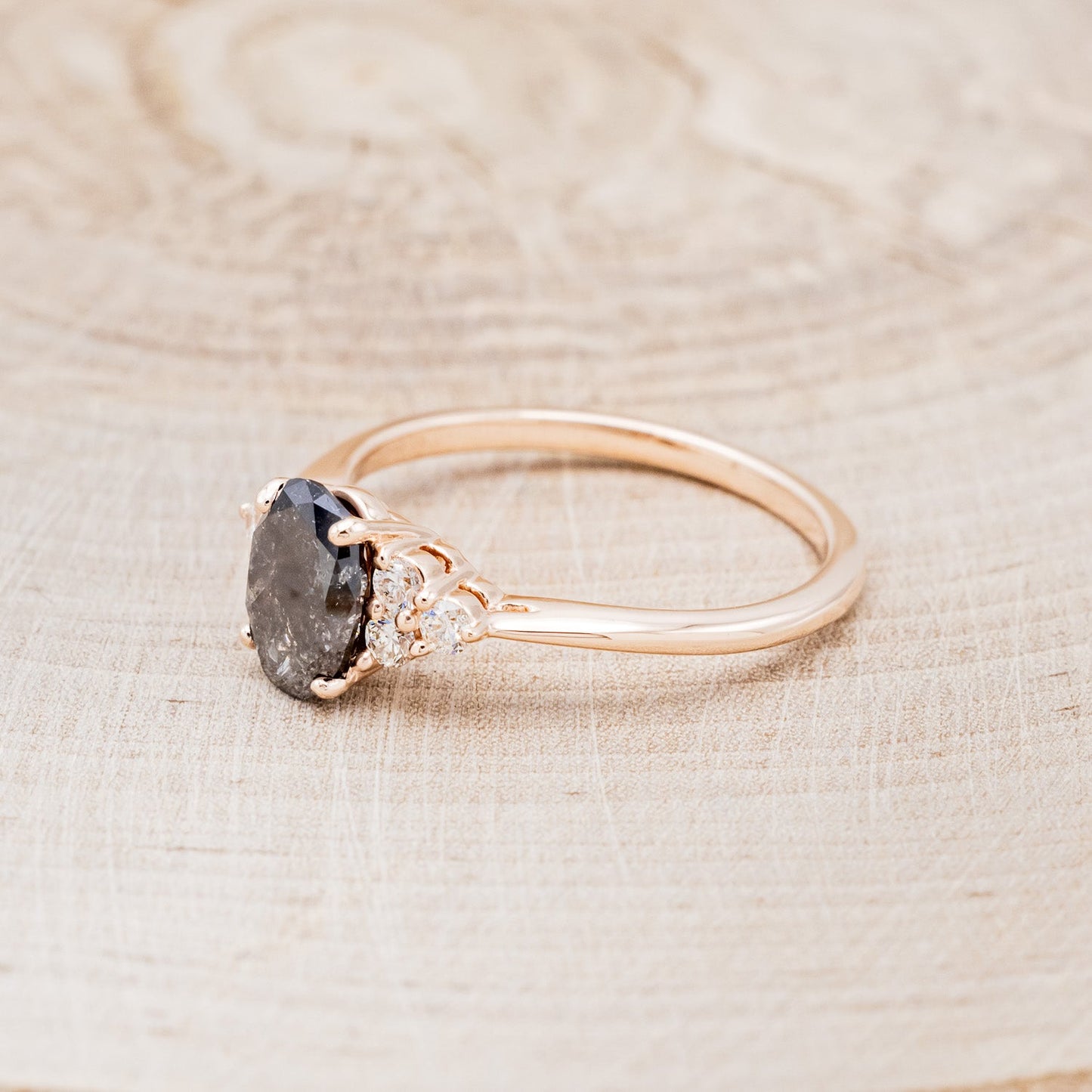 "Rhea" - Oval Cut Salt & Pepper Diamond Engagement Ring With Diamond Accents