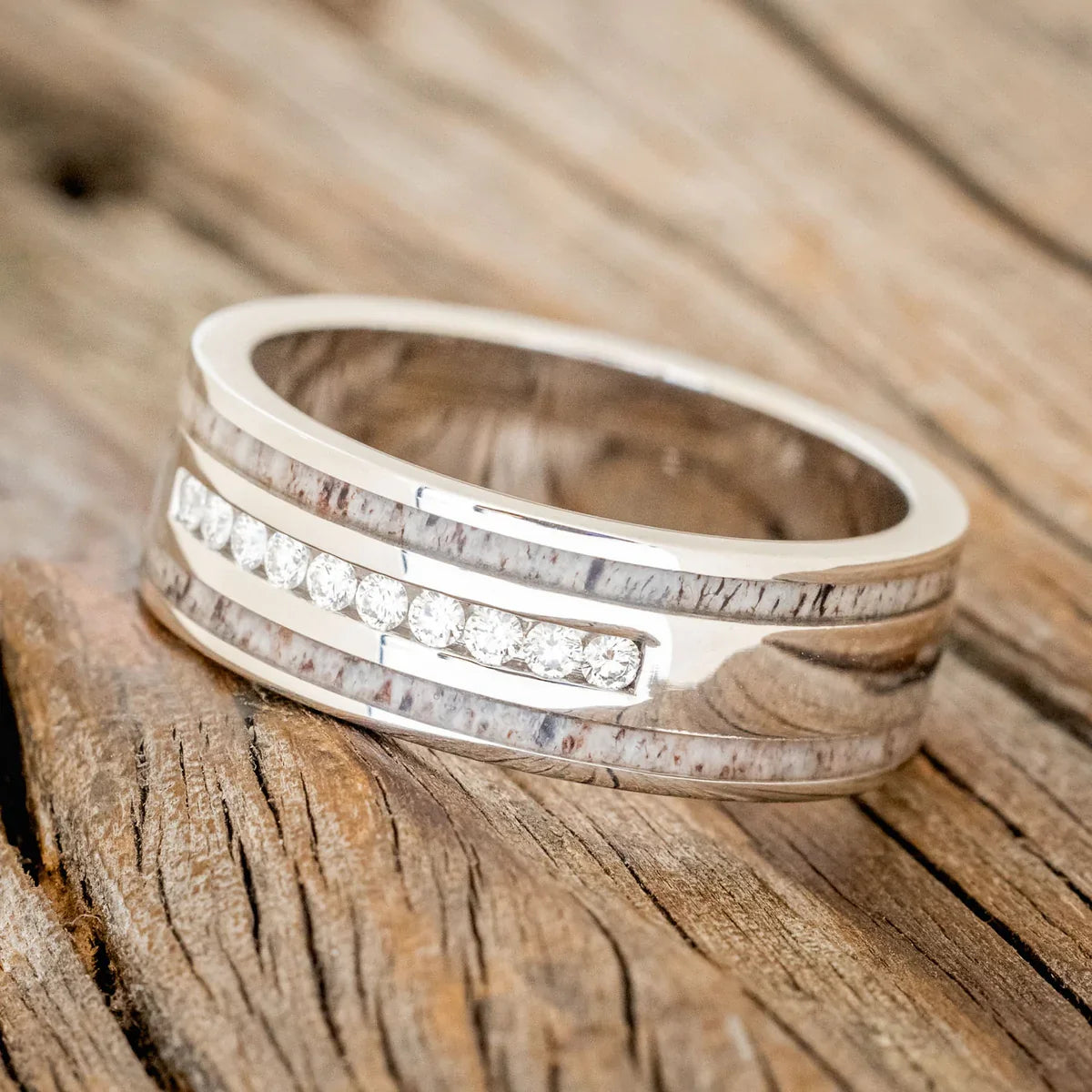 "Ryder" - Diamonds & Antler Inlays Wedding Band - 14K White Gold - Size 9 1/4