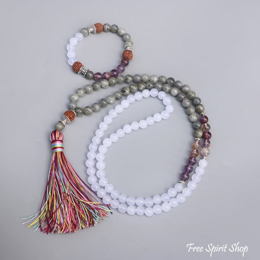 108 Labradorite White Jade & Rudraksha Mala Bead Necklace