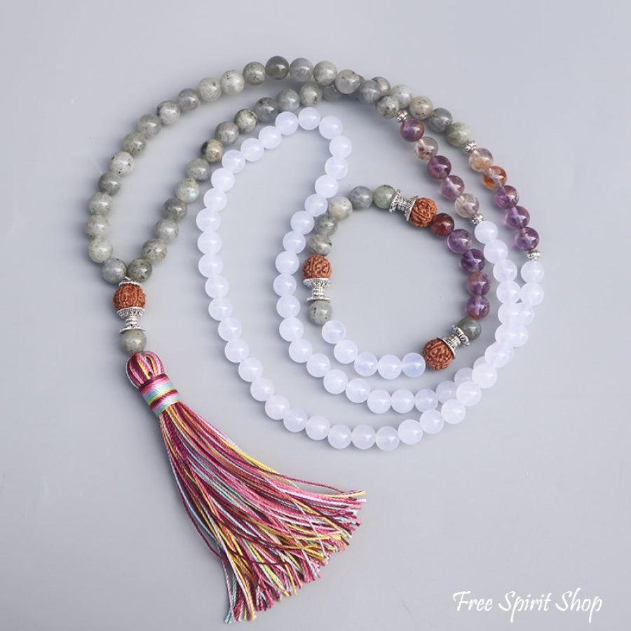 108 Labradorite White Jade & Rudraksha Mala Bead Necklace
