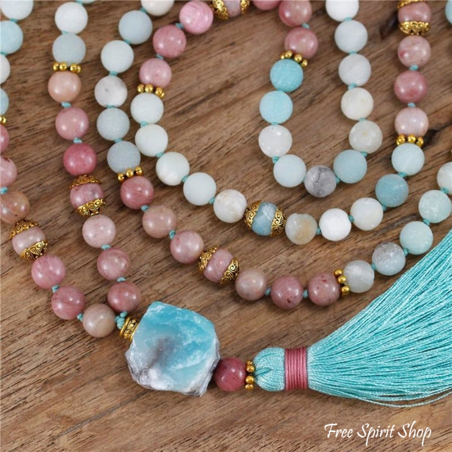 108 Natural Amazonite & Rhodonite Mala Bead Necklace