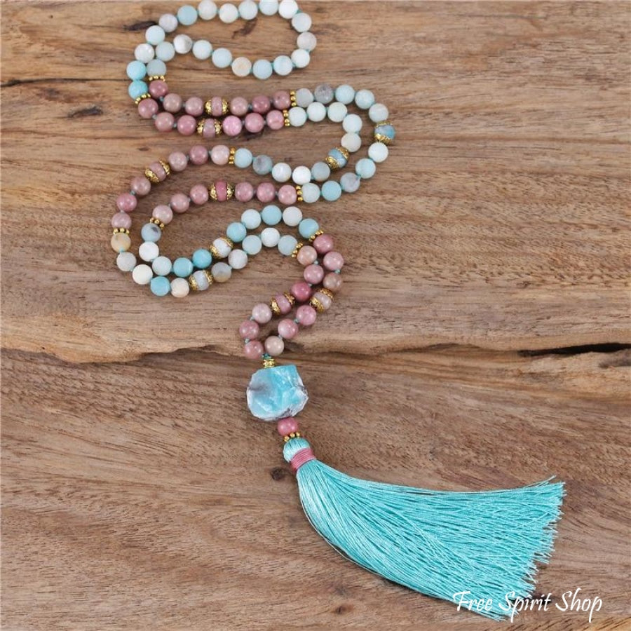 108 Natural Amazonite & Rhodonite Mala Bead Necklace