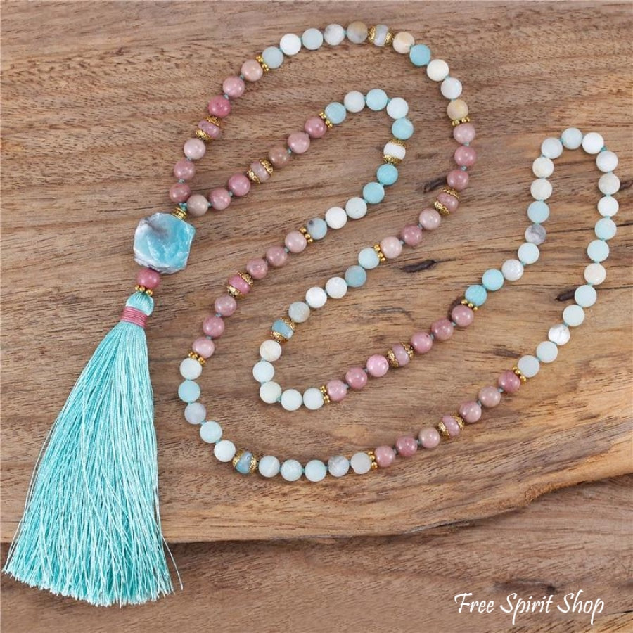 108 Natural Amazonite & Rhodonite Mala Bead Necklace