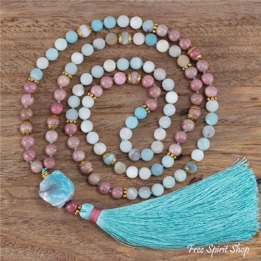 108 Natural Amazonite & Rhodonite Mala Bead Necklace