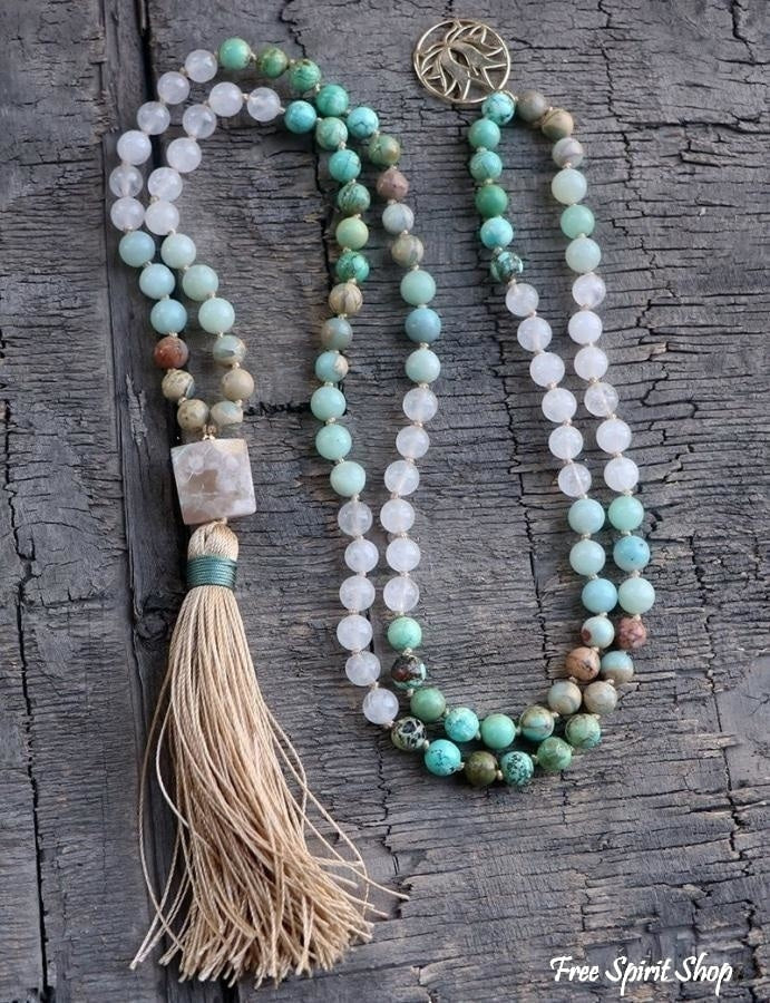 108 Natural Amazonite Turquoise & Clear Quartz Mala Bead Necklace