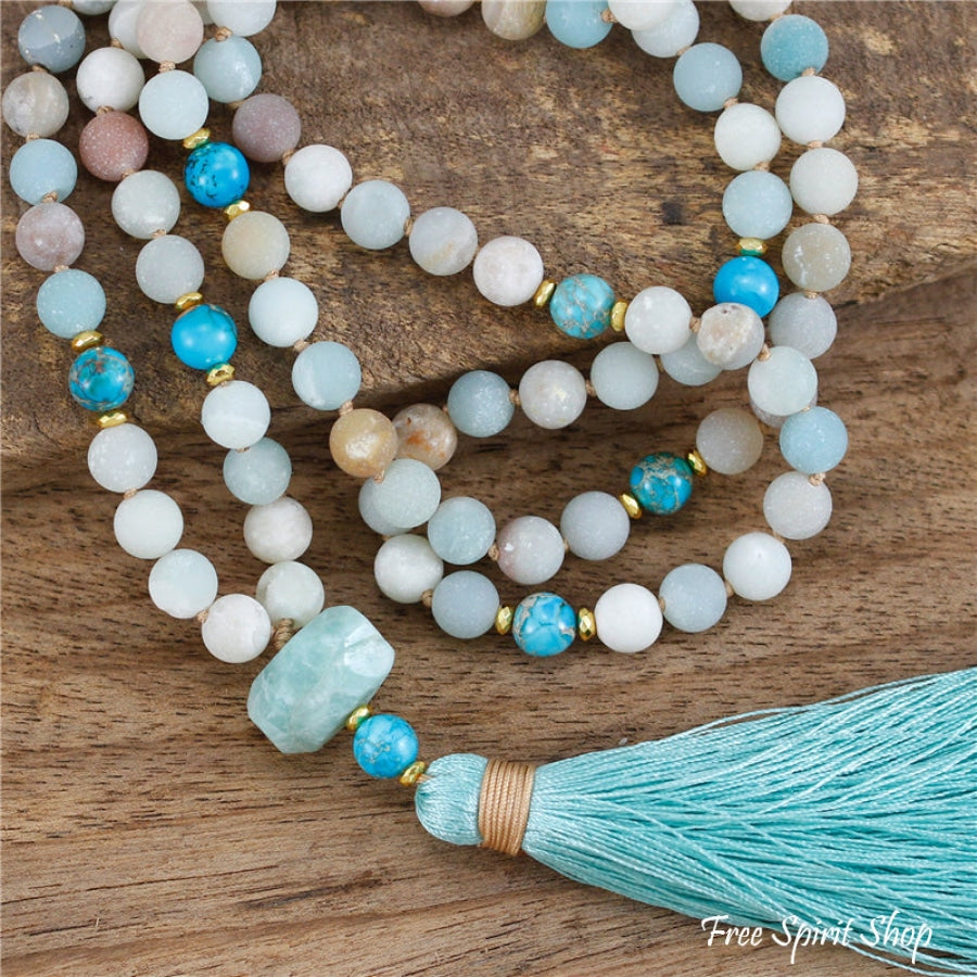 108 Natural Amazonite & Turquoise Jasper Mala Bead Necklace