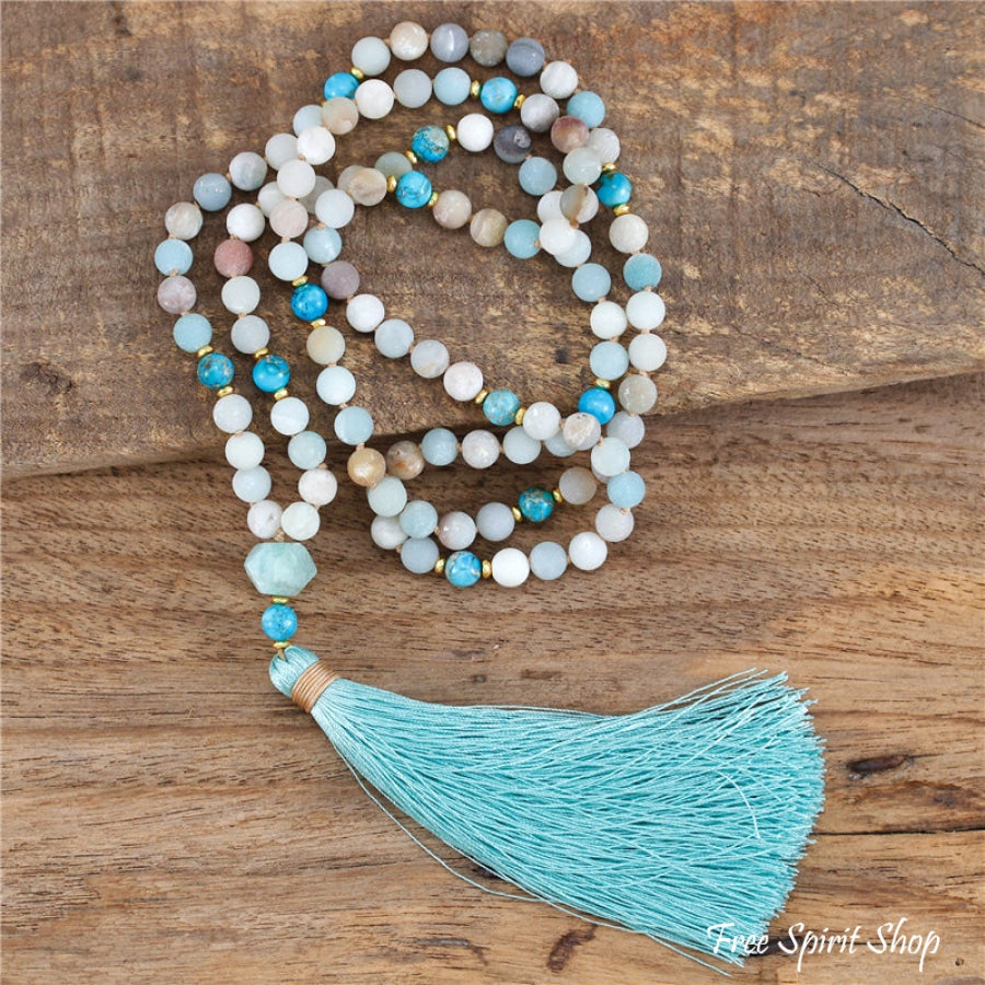 108 Natural Amazonite & Turquoise Jasper Mala Bead Necklace