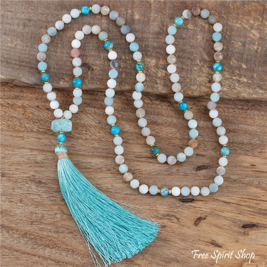 108 Natural Amazonite & Turquoise Jasper Mala Bead Necklace