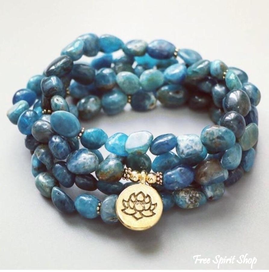 108 Natural Blue Apatite Mala Bead Bracelet