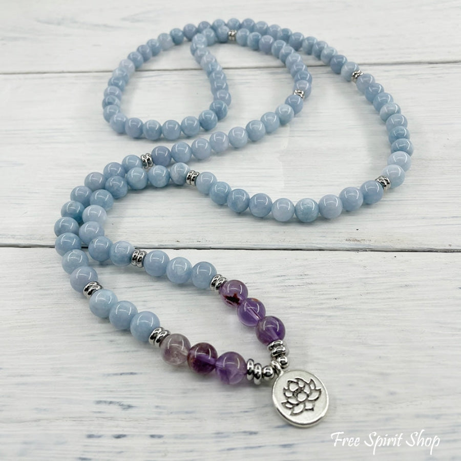 108 Natural Blue Calcite & Amethyst Mala Bead Bracelet