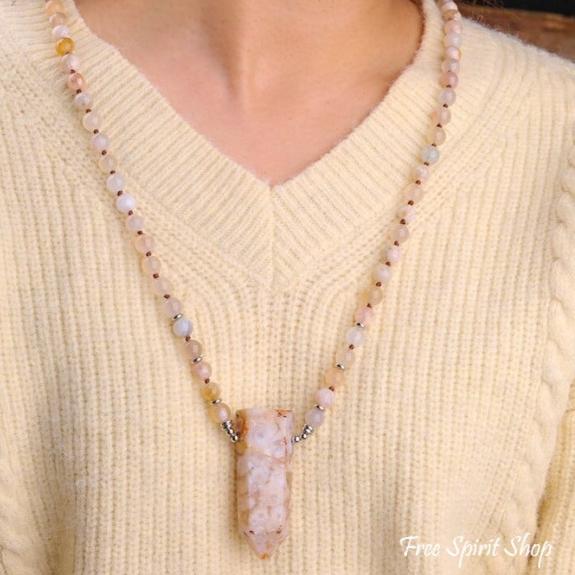 108 Natural Cherry Blossom Agate Gemstone Mala Bead Necklace