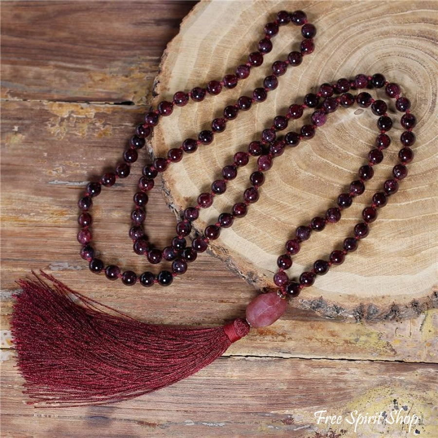 108 Natural Garnet Mala Bead Necklace