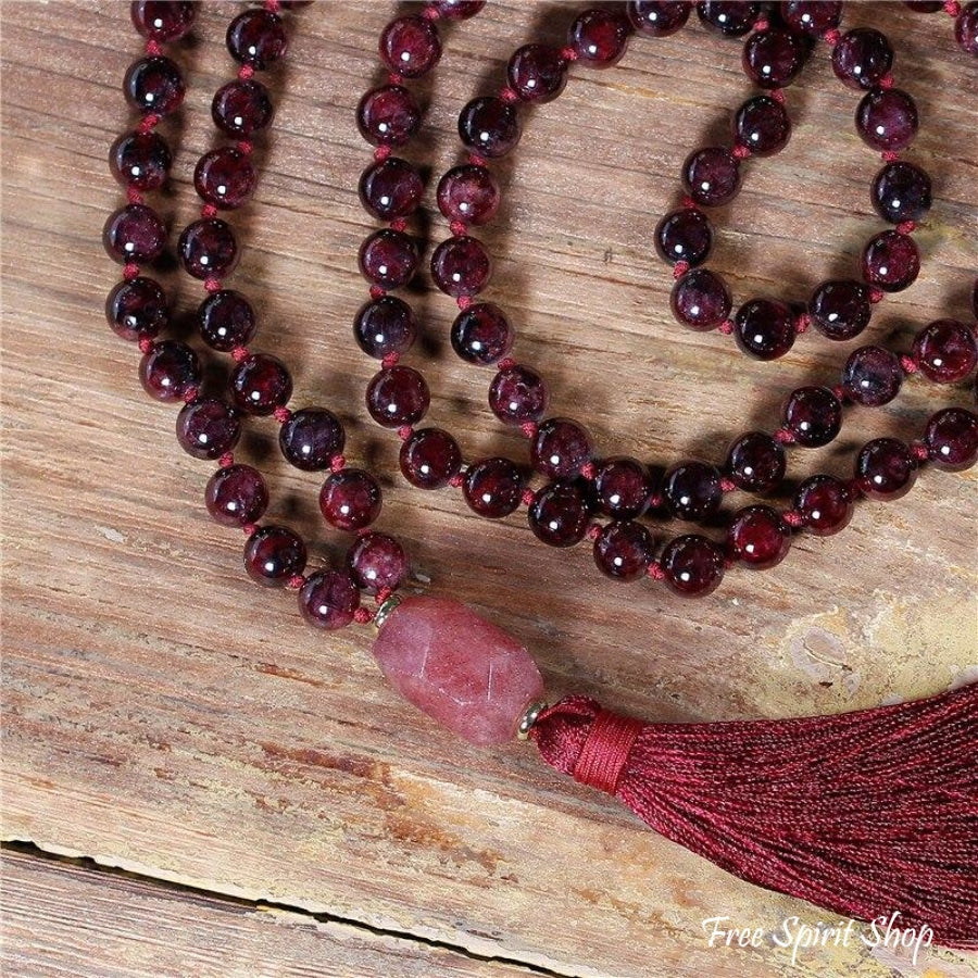 108 Natural Garnet Mala Bead Necklace