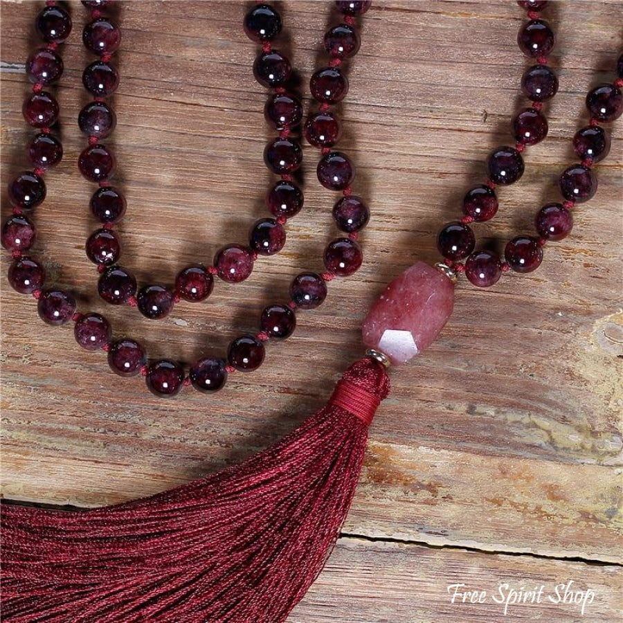 108 Natural Garnet Mala Bead Necklace