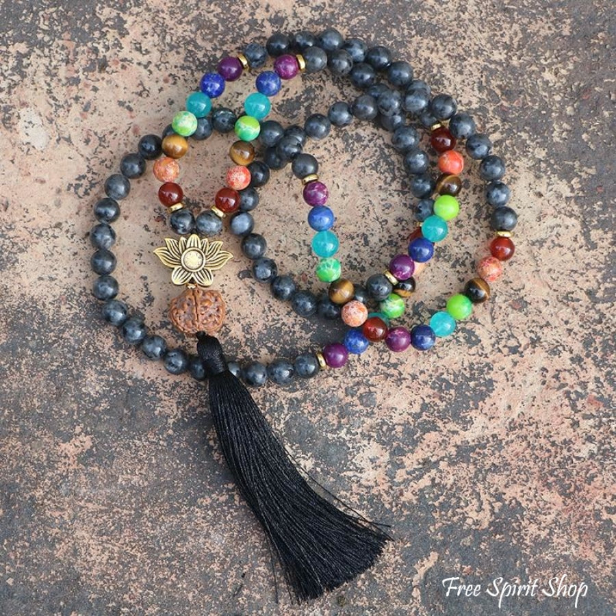 108 Natural Labradorite 7 Chakra & Rudraksha Mala Bead Necklace