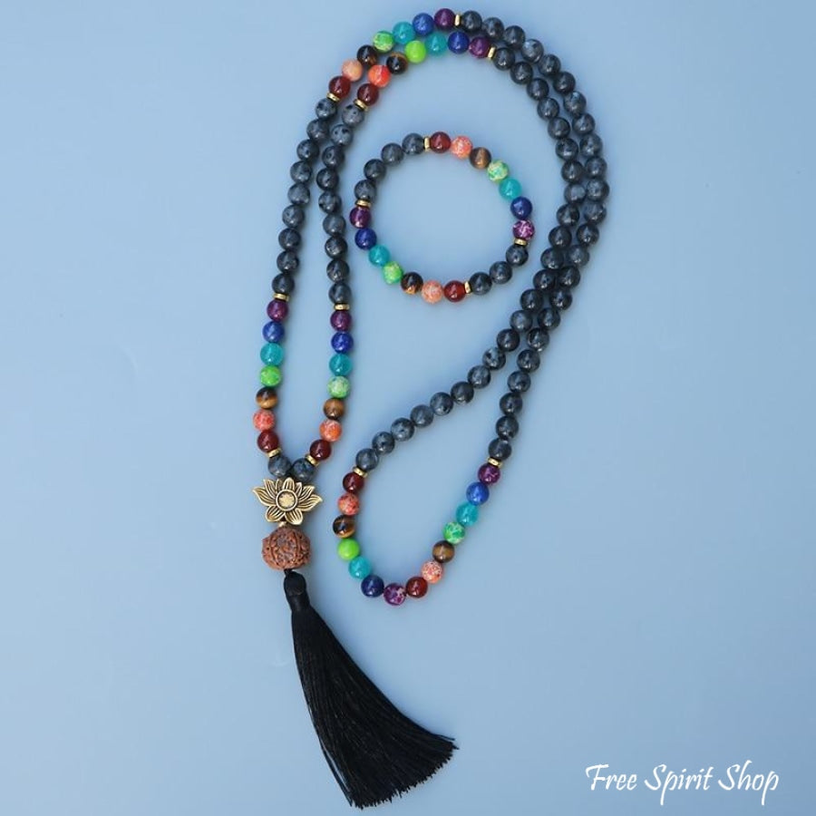 108 Natural Labradorite 7 Chakra & Rudraksha Mala Bead Necklace