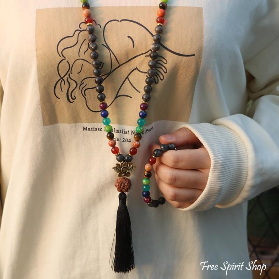 108 Natural Labradorite 7 Chakra & Rudraksha Mala Bead Necklace