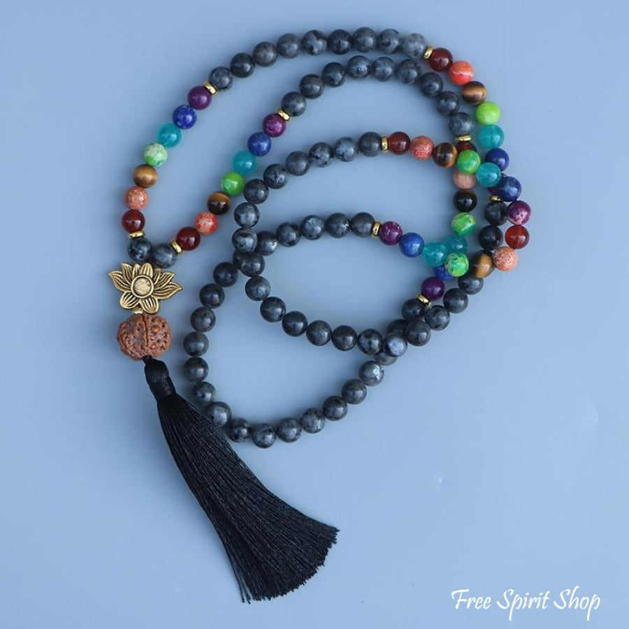 108 Natural Labradorite 7 Chakra & Rudraksha Mala Bead Necklace