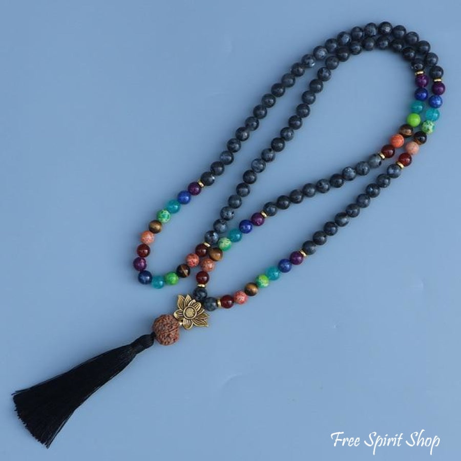108 Natural Labradorite 7 Chakra & Rudraksha Mala Bead Necklace