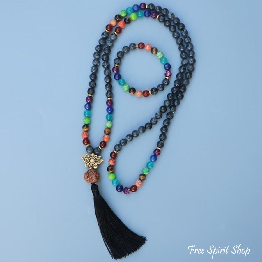 108 Natural Labradorite 7 Chakra & Rudraksha Mala Bead Necklace