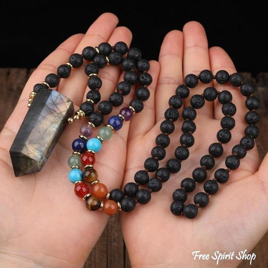 108 Natural Labradorite, Black Lava & 7 Chakra Stone Mala Bead Necklace