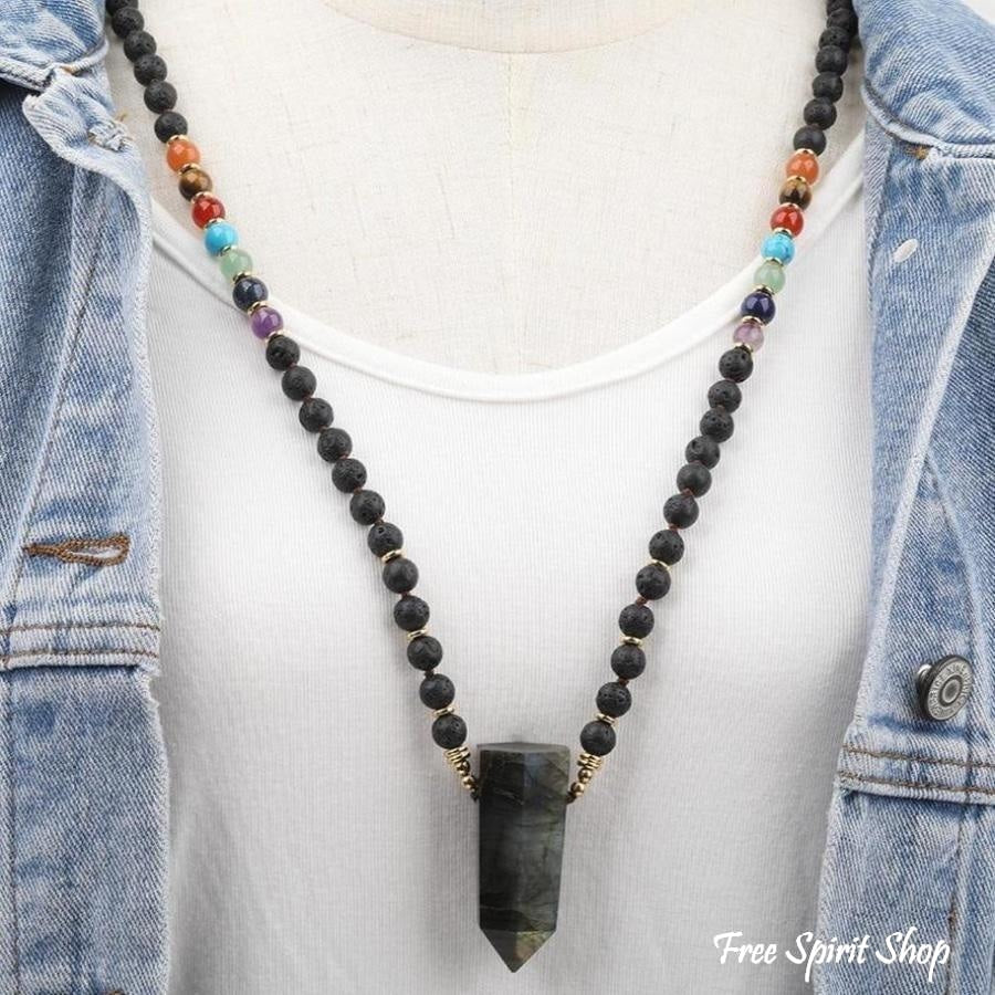 108 Natural Labradorite, Black Lava & 7 Chakra Stone Mala Bead Necklace