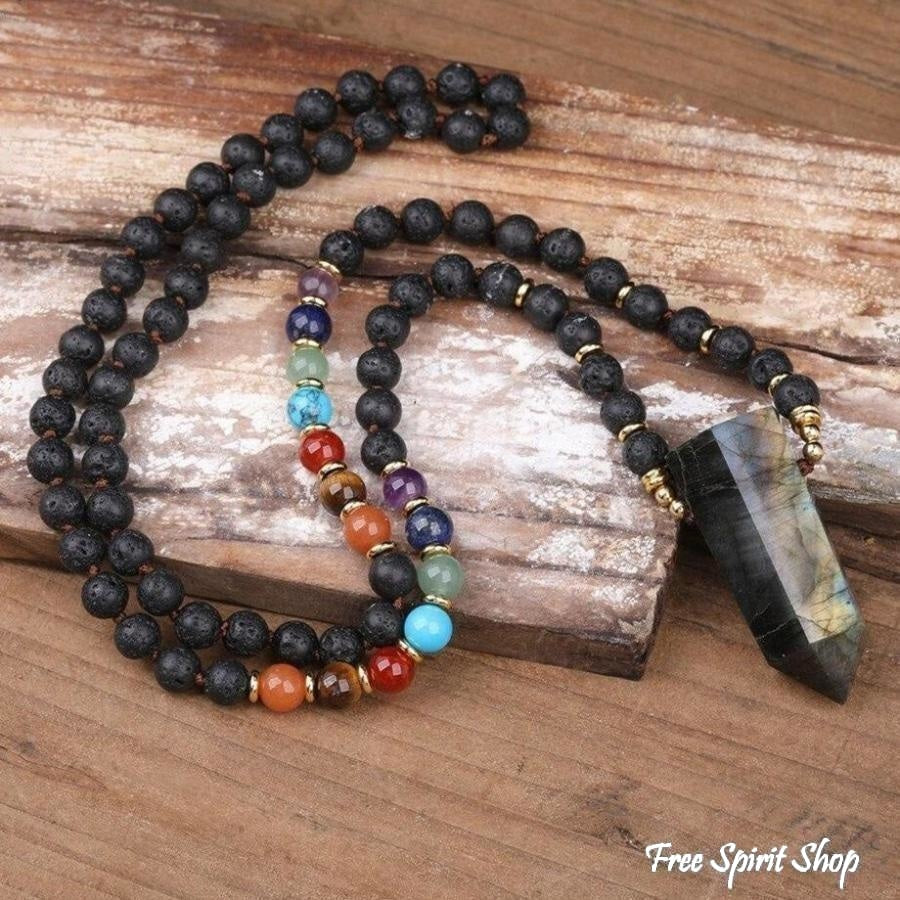 108 Natural Labradorite, Black Lava & 7 Chakra Stone Mala Bead Necklace