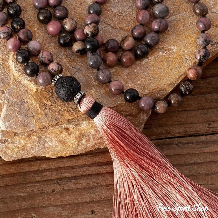 108 Natural Rhodonite & Black Lava Stone Mala Bead Necklace