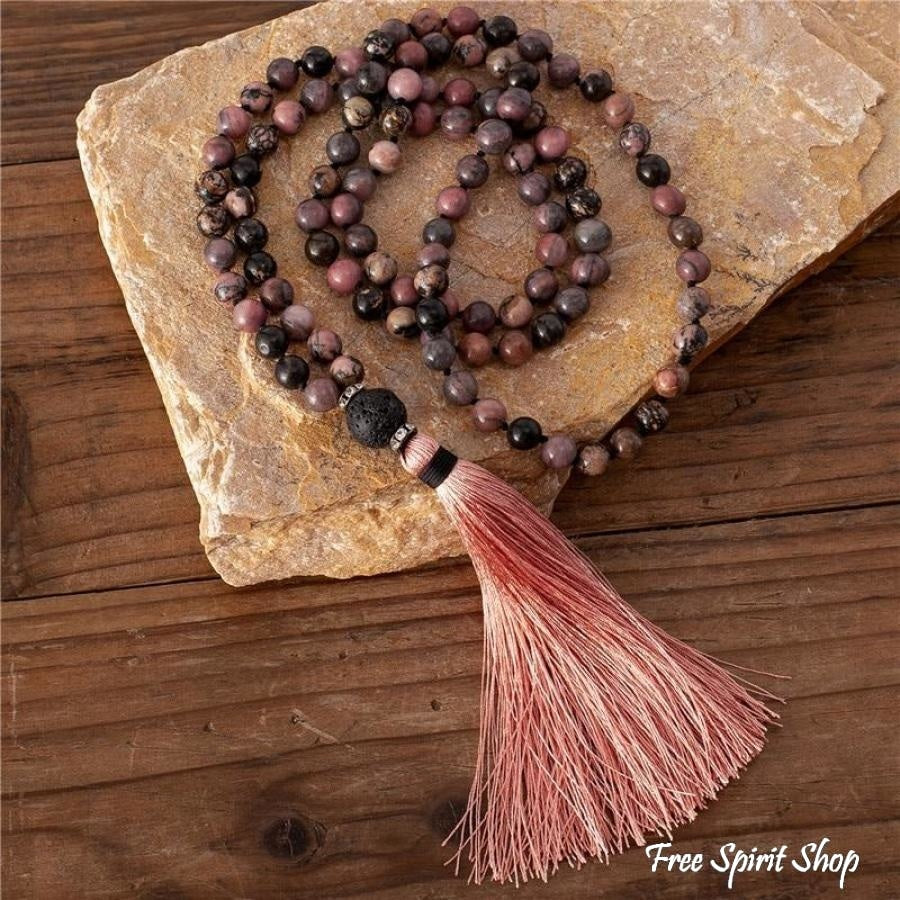 108 Natural Rhodonite & Black Lava Stone Mala Bead Necklace
