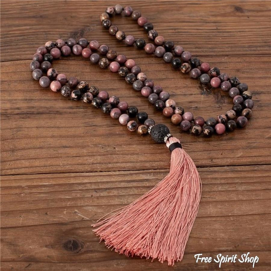 108 Natural Rhodonite & Black Lava Stone Mala Bead Necklace
