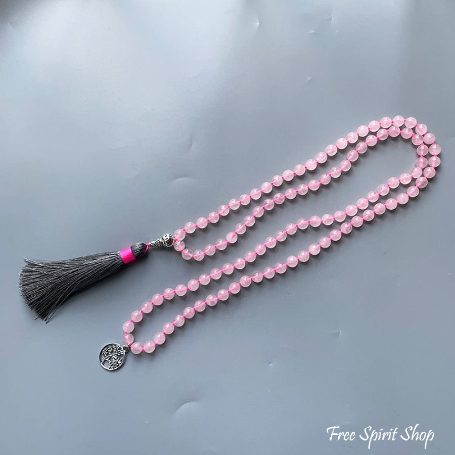 108 Natural Rose Quartz Tree of Life Mala Bead Necklace
