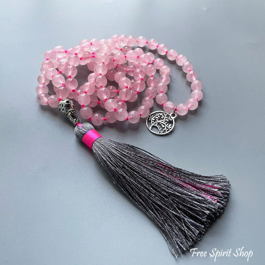 108 Natural Rose Quartz Tree of Life Mala Bead Necklace