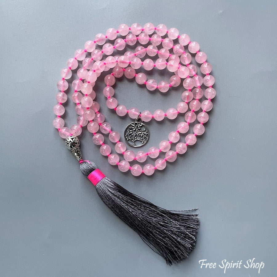 108 Natural Rose Quartz Tree of Life Mala Bead Necklace