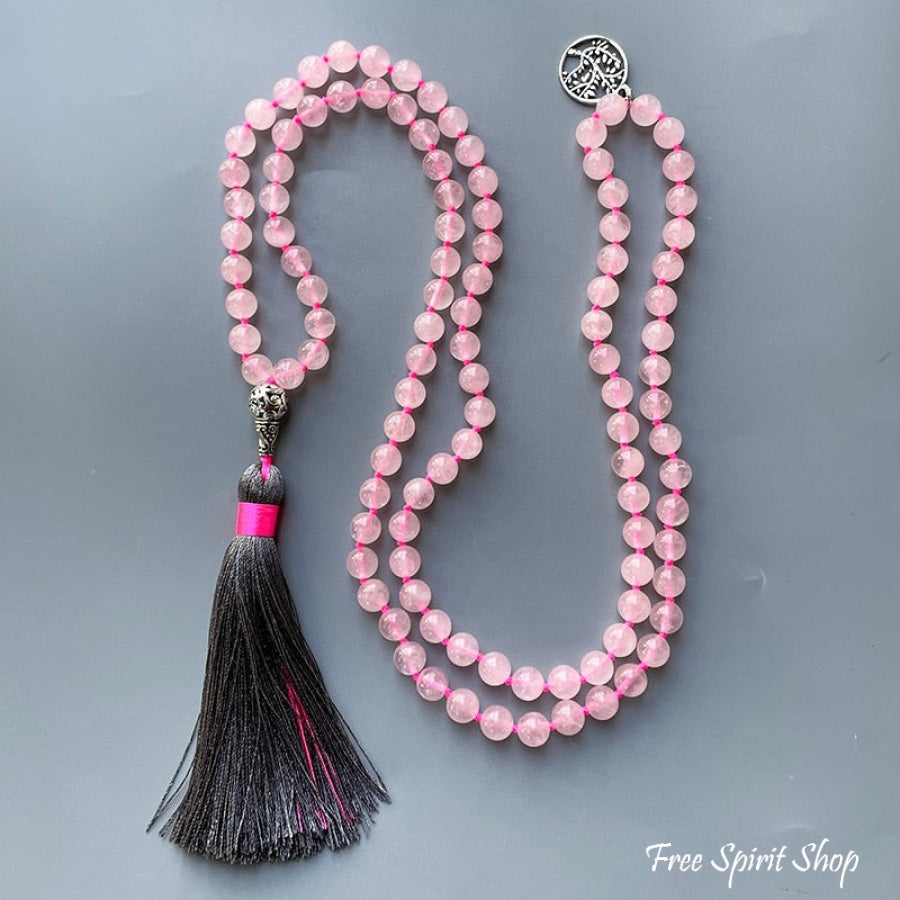108 Natural Rose Quartz Tree of Life Mala Bead Necklace