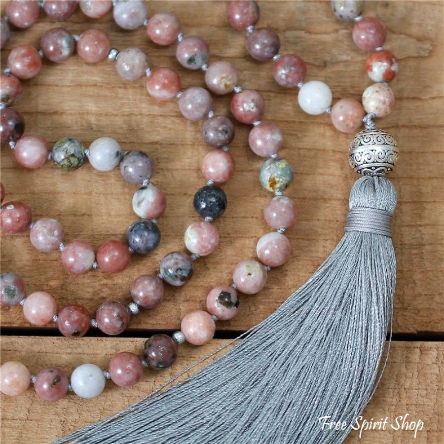 108 Natural Strawberry Agate Mala Bead Necklace