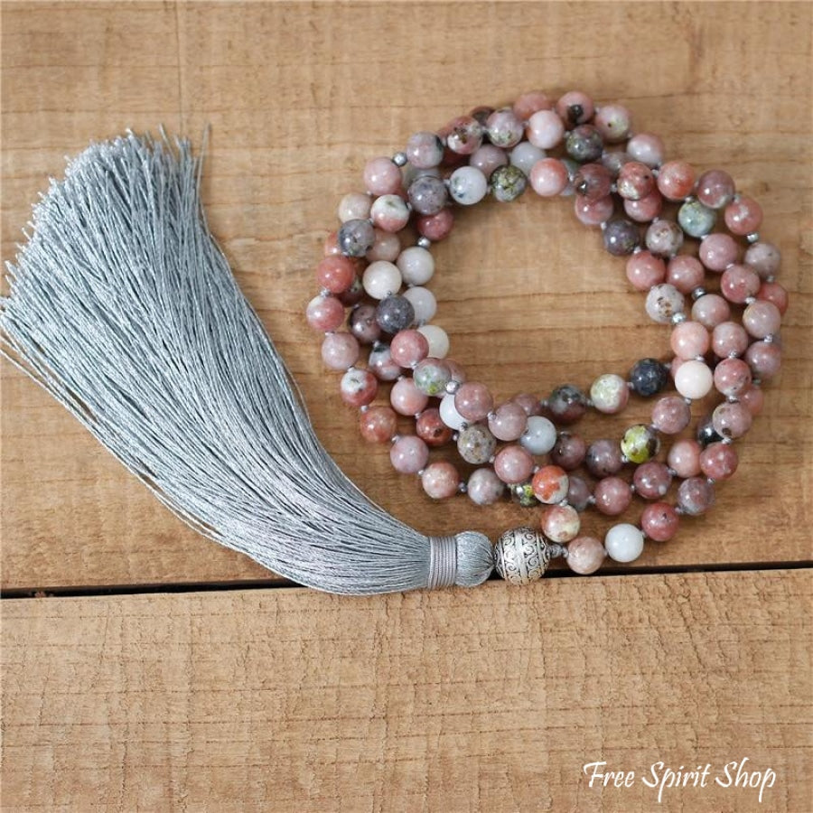 108 Natural Strawberry Agate Mala Bead Necklace