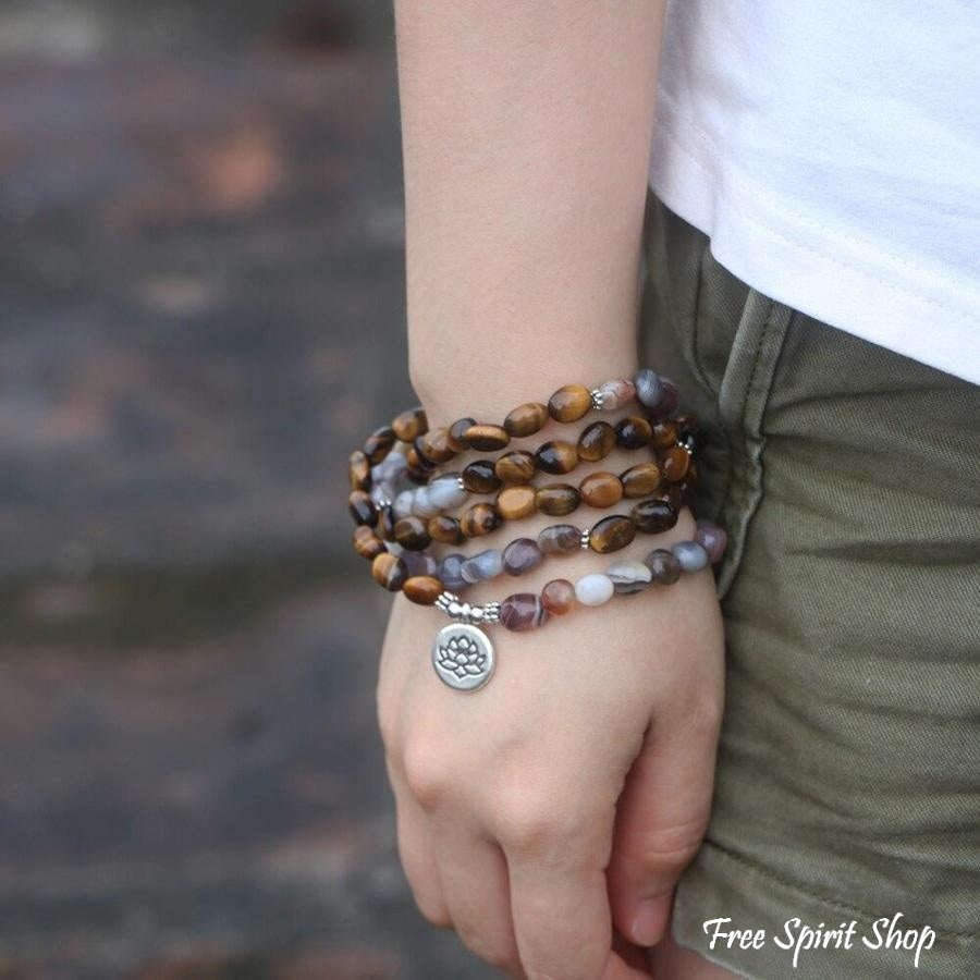 108 Natural Tiger Eye & Botswana Agate Mala Beads