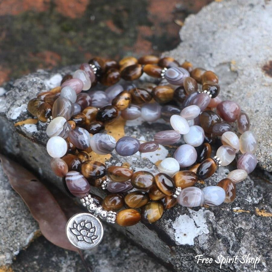 108 Natural Tiger Eye & Botswana Agate Mala Beads