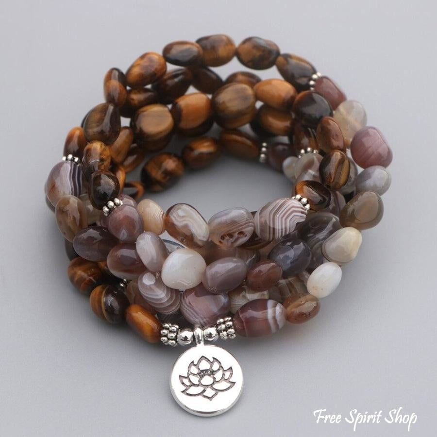 108 Natural Tiger Eye & Botswana Agate Mala Beads