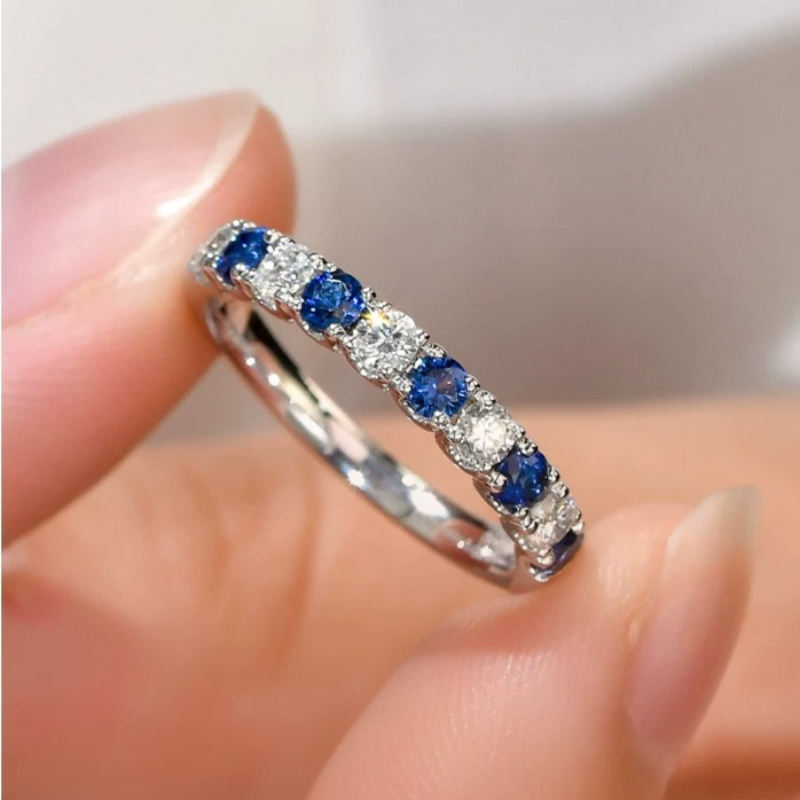 Blue Sapphire & White Alternating Half Eternity Sterling Silver Wedding Band