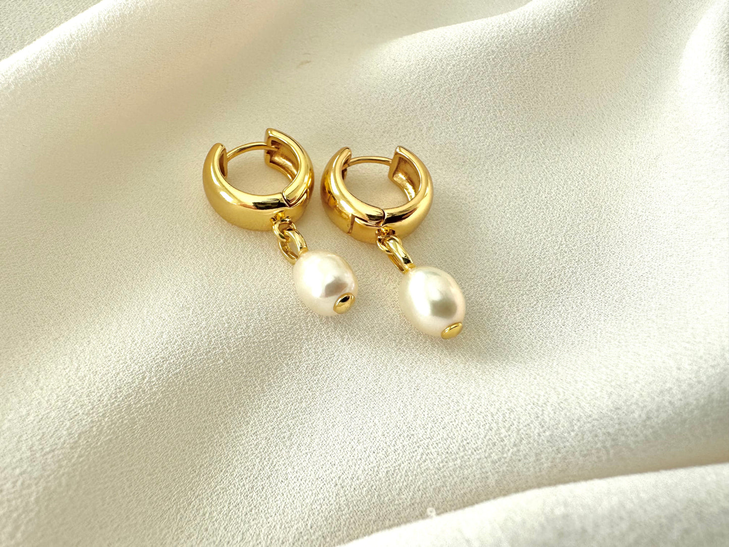Chunky Gold Filled Hoop Huggies with Pearl Dangle Drops - June Birthstone