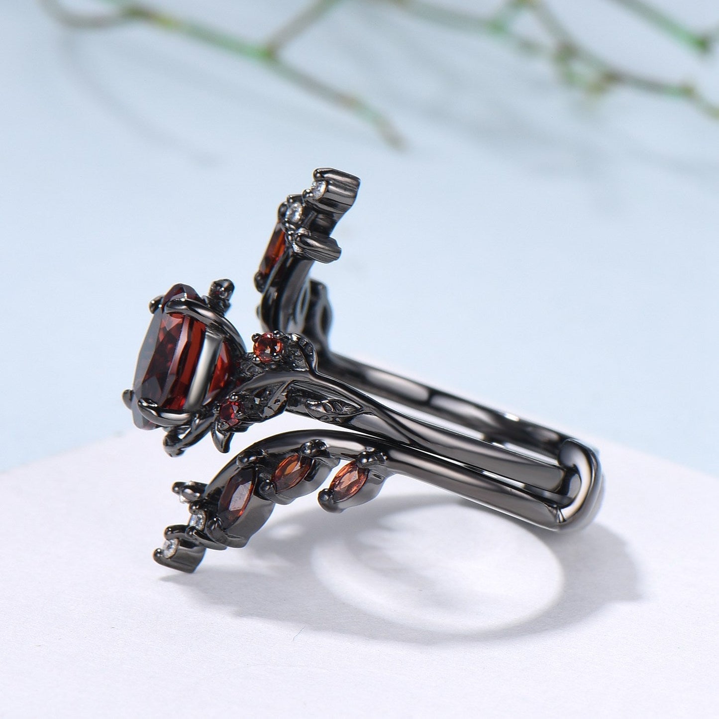 Nature inspired oval garnet engagement ring set black gold unique leaf gothic wedding ring set knight twig vine January birthstone jewelry