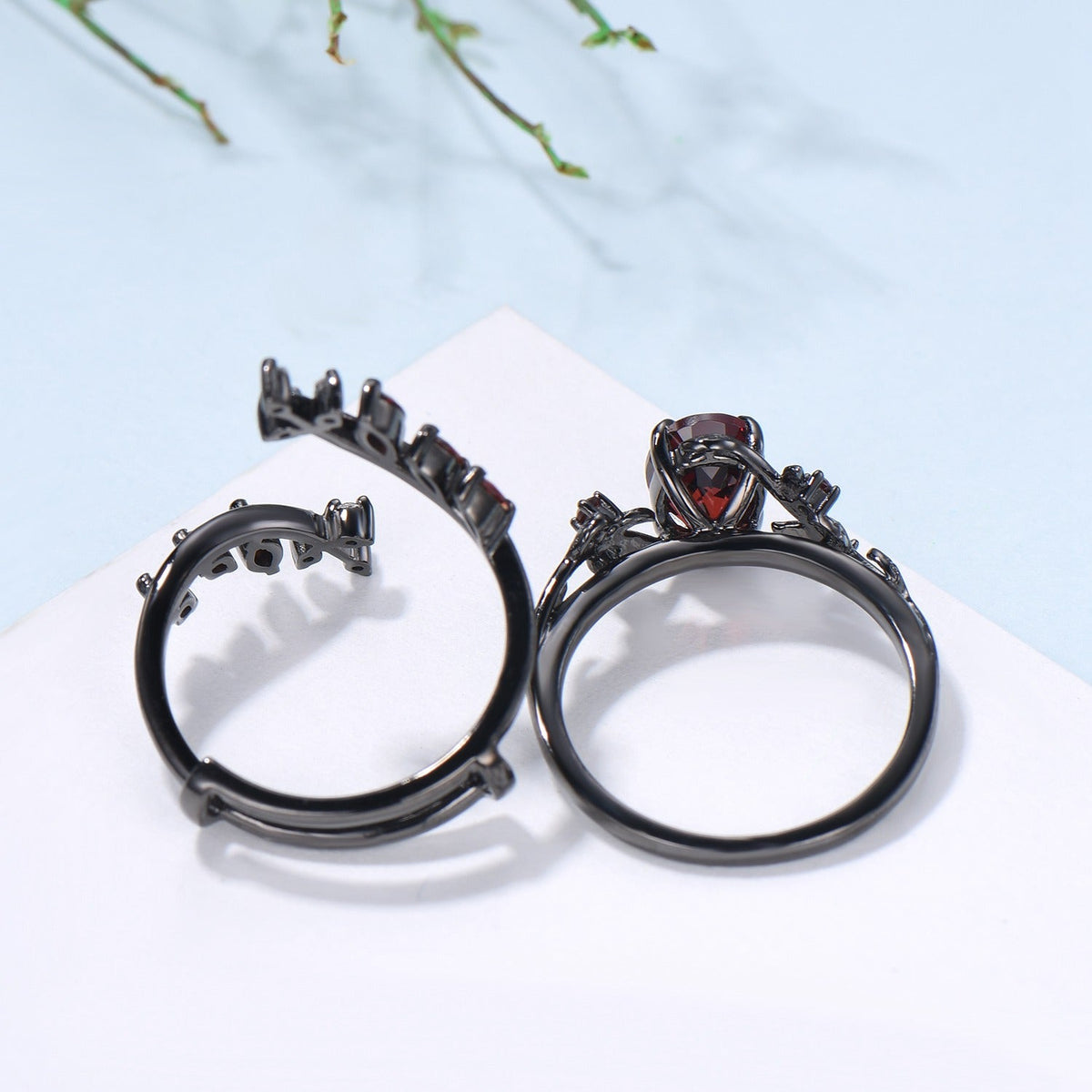 Nature inspired oval garnet engagement ring set black gold unique leaf gothic wedding ring set knight twig vine January birthstone jewelry
