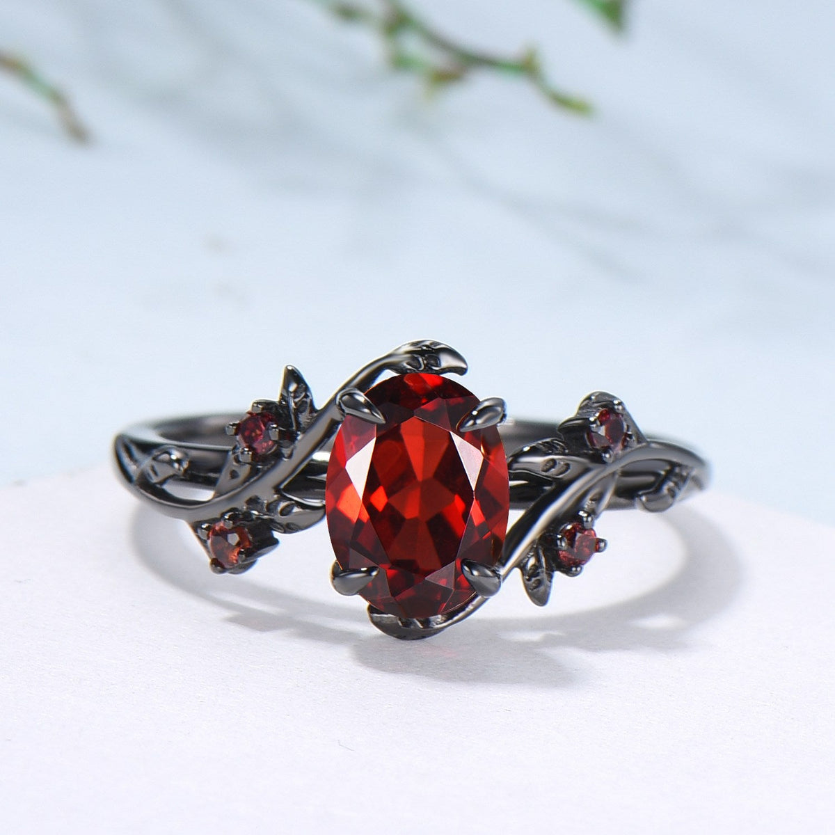 Nature inspired oval garnet engagement ring set black gold unique leaf gothic wedding ring set knight twig vine January birthstone jewelry