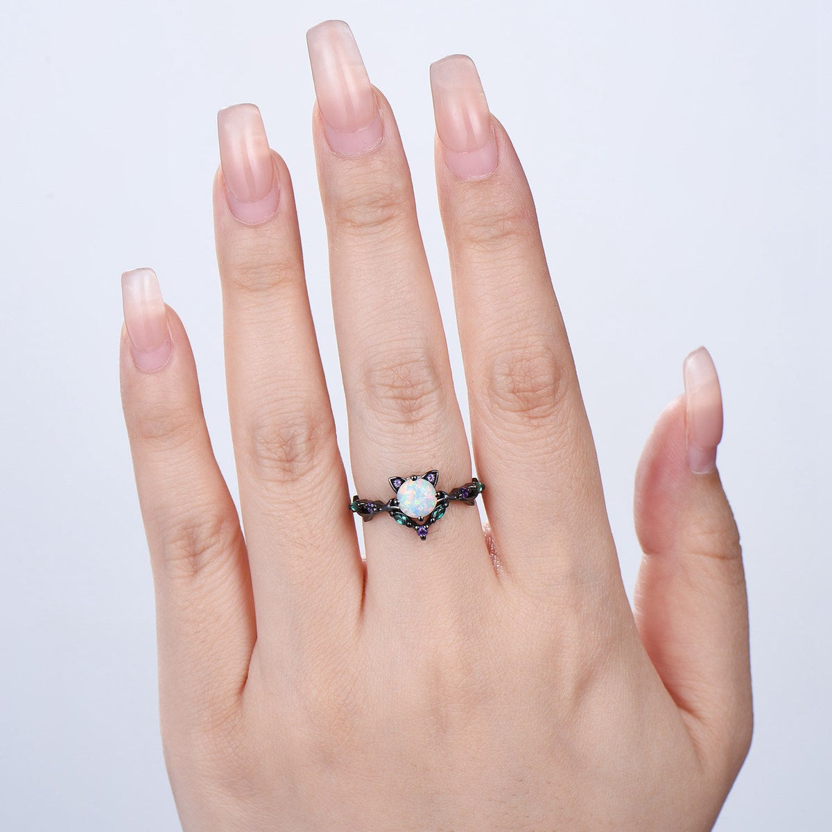 Unique Cat Fire Opal Engagement Ring Black Gold Round White Opal Animal Inspired Amethyst Emerald Band Promise Anniversary Ring Gift Women