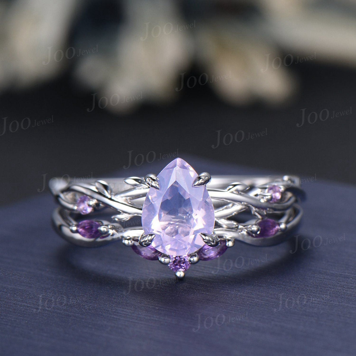 1.25ct Nature Inspired Pear Cut Natural Lavender Amethyst Bridal Ring Set Sterling Silver Light Purple Crystal Twig Vine Wedding Ring Gift