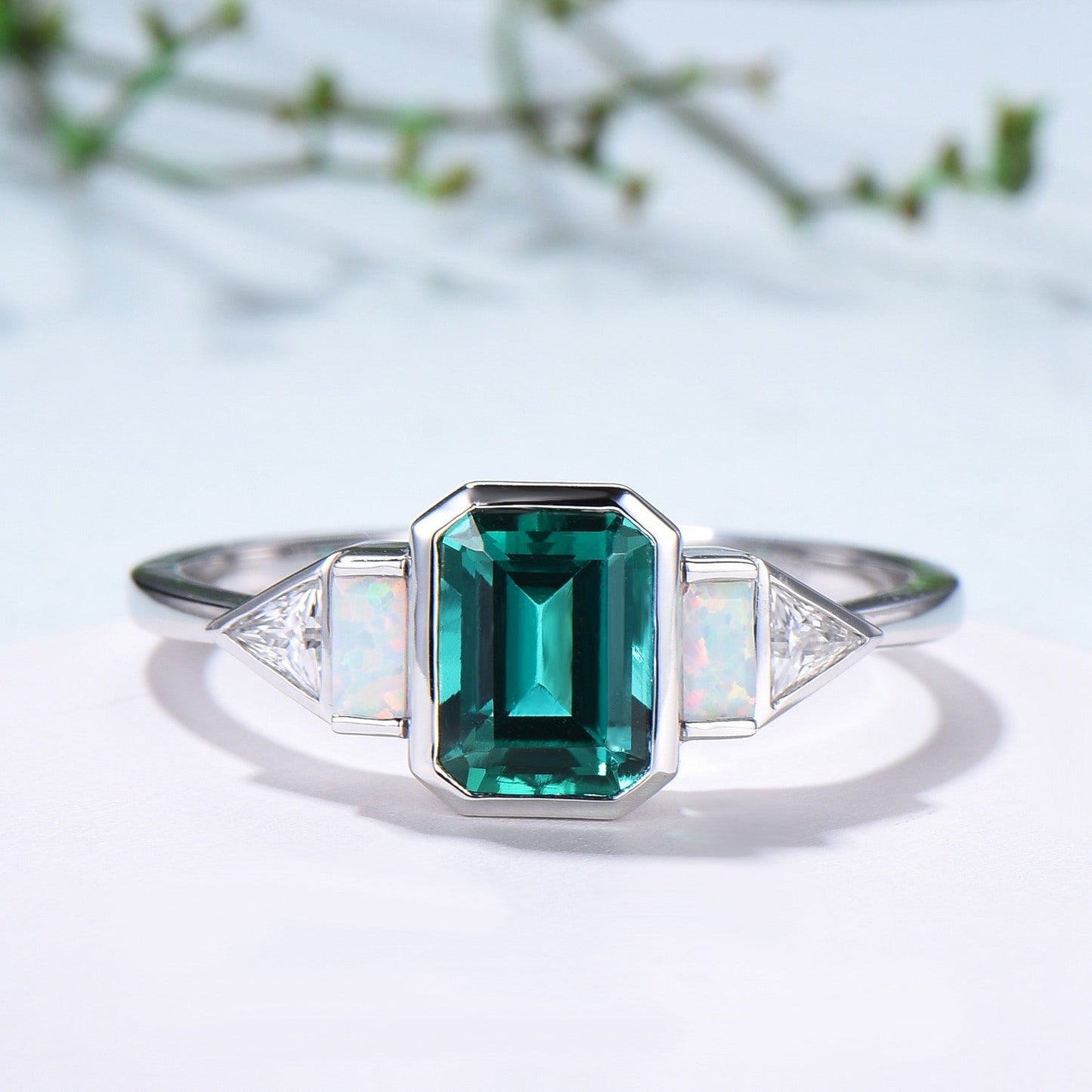 Five Stone Bezel Set Emerald Cut Emerald Engagement Ring Retro Baguette Opal Trillion Moissanite Wedding Ring Vintage Anniversary Ring Women