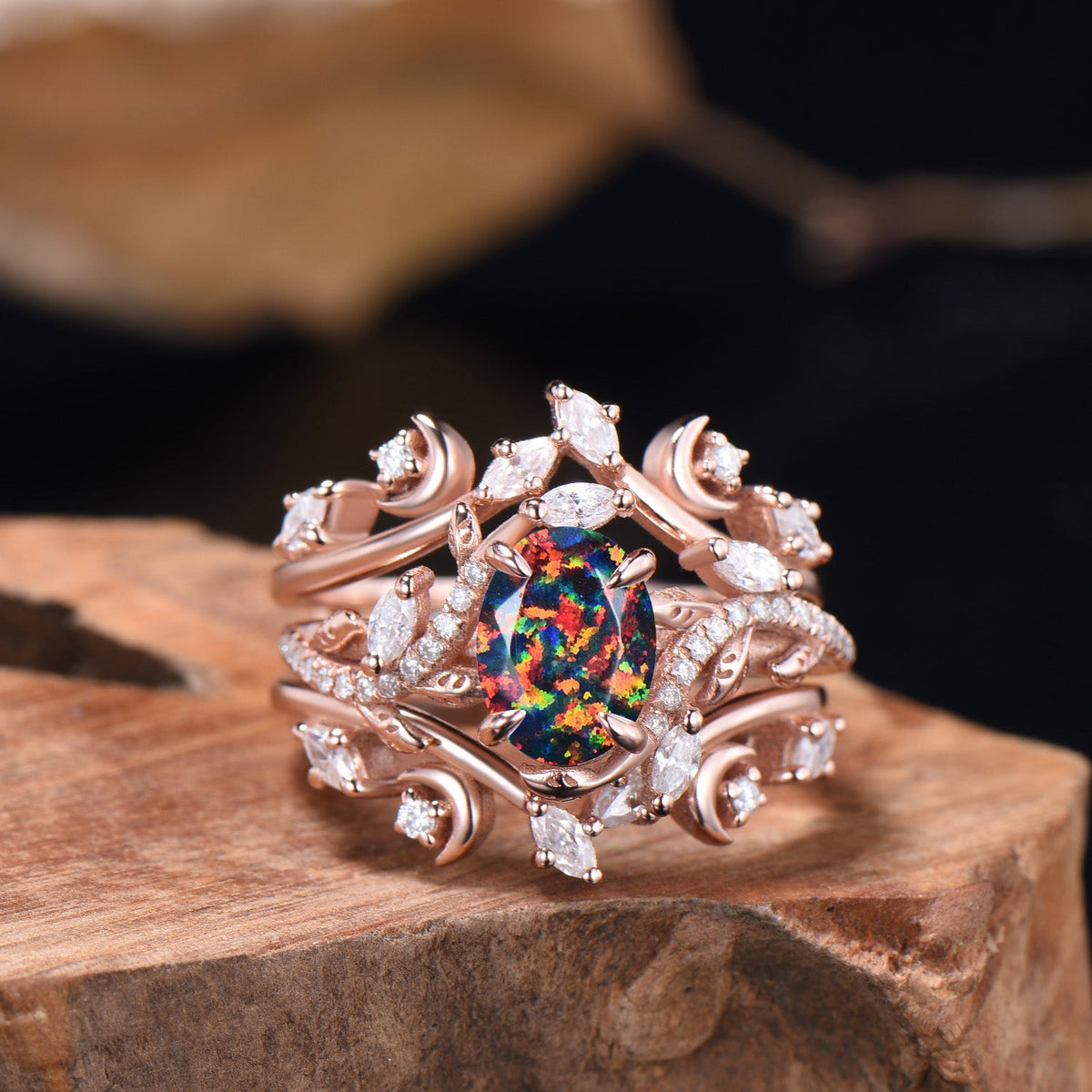 Oval Shaped Black Opal Leaf Engagement Ring Diamond Double V Curved Band Enhancer Rose Gold Bridal Ring Set Anniversary Gifts For Women