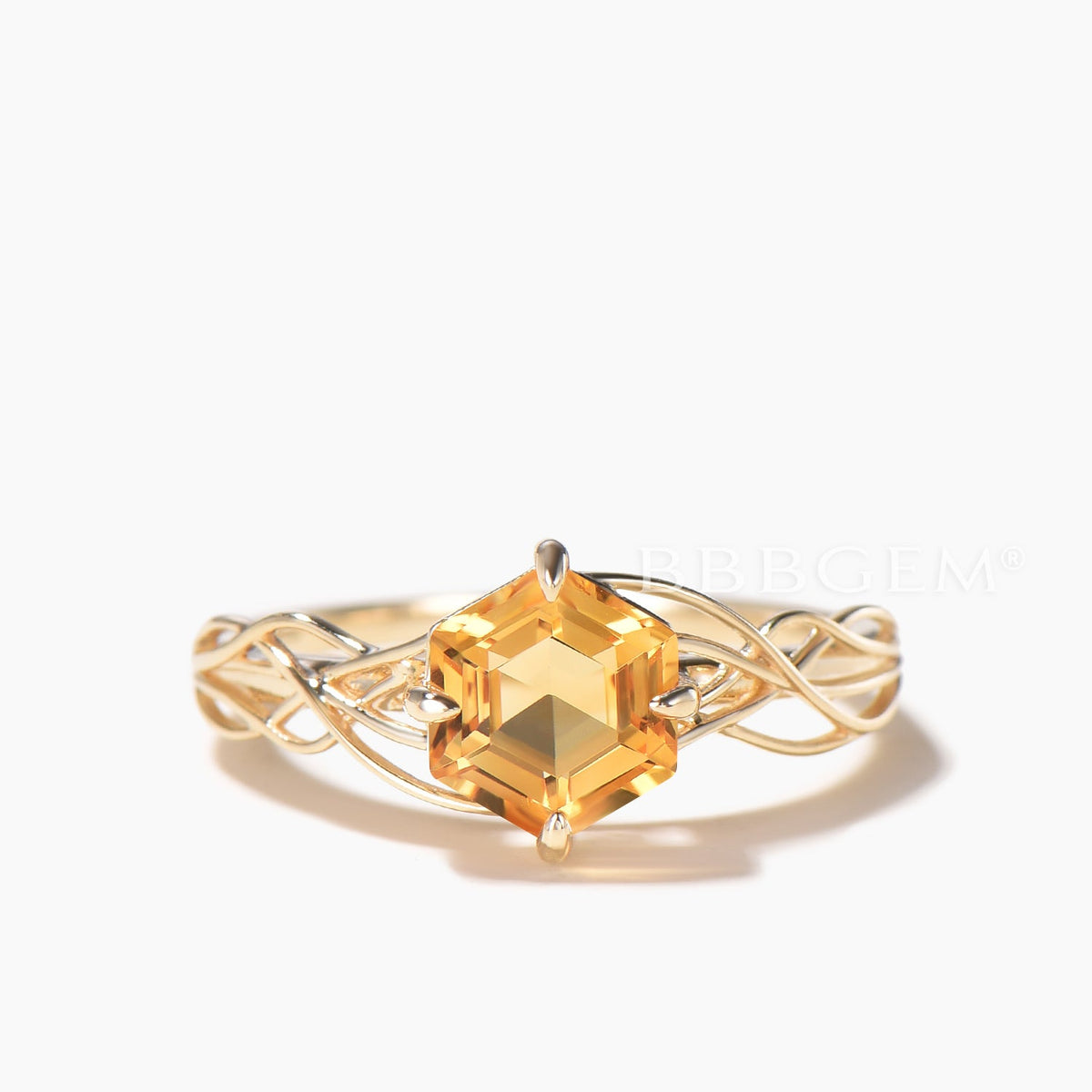 Hexagon Cut Natural Citrine Solitaire Engagement Ring Yellow Gold Twisted Ring